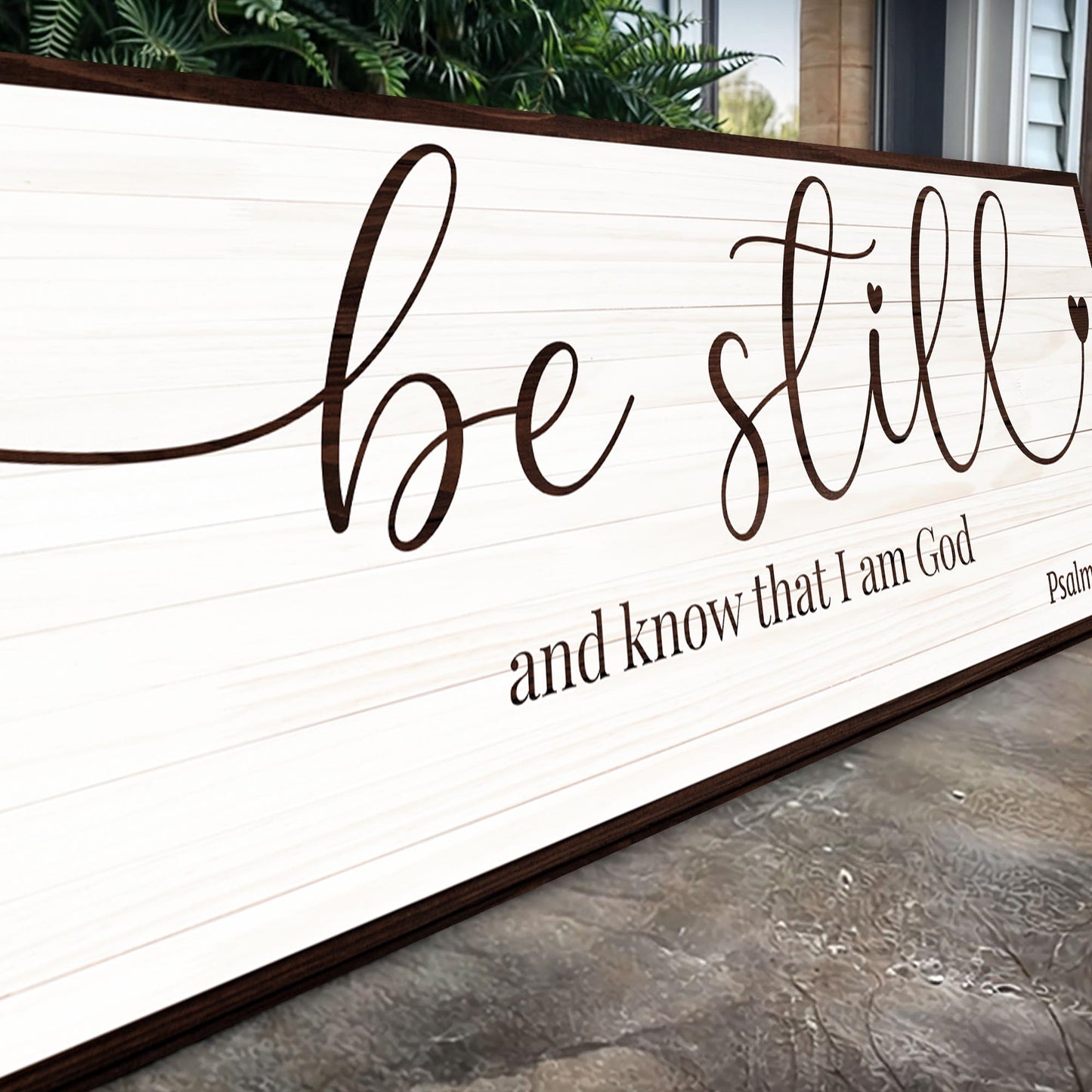 Be Still And Know That I Am God Faith Sign VII canvas on whitewashed wood with brown script on Tampa Home & Garden Store
