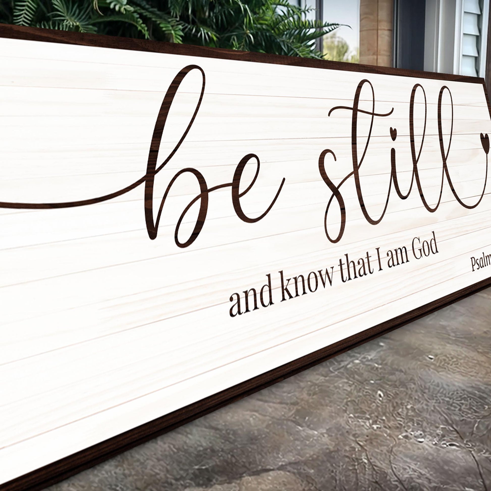 Be Still And Know That I Am God Faith Sign VII canvas on whitewashed wood with brown script on Tampa Home & Garden Store