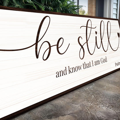 Be Still And Know That I Am God Faith Sign VII canvas on whitewashed wood with brown script on Tampa Home & Garden Store