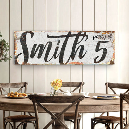 Personalized Party of Family Sign II canvas with black script on rustic wood backdrop on Tampa Home & Garden Store