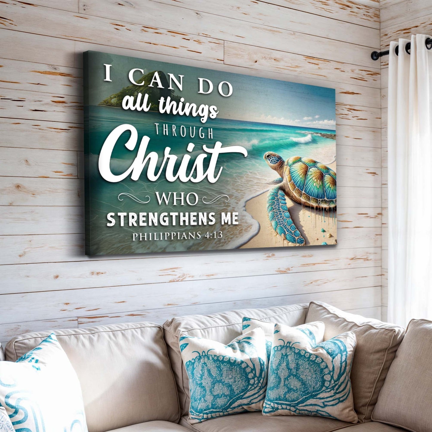 Canvas sign I Can Do All Things Faith Sign II by Tailored Canvases with teal ocean and turtle on Tampa Home & Garden Store