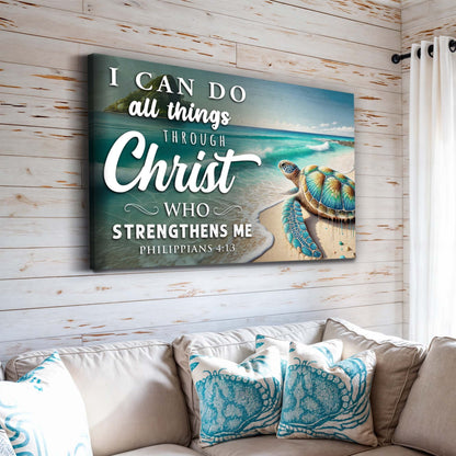 Canvas sign I Can Do All Things Faith Sign II by Tailored Canvases with teal ocean and turtle on Tampa Home & Garden Store