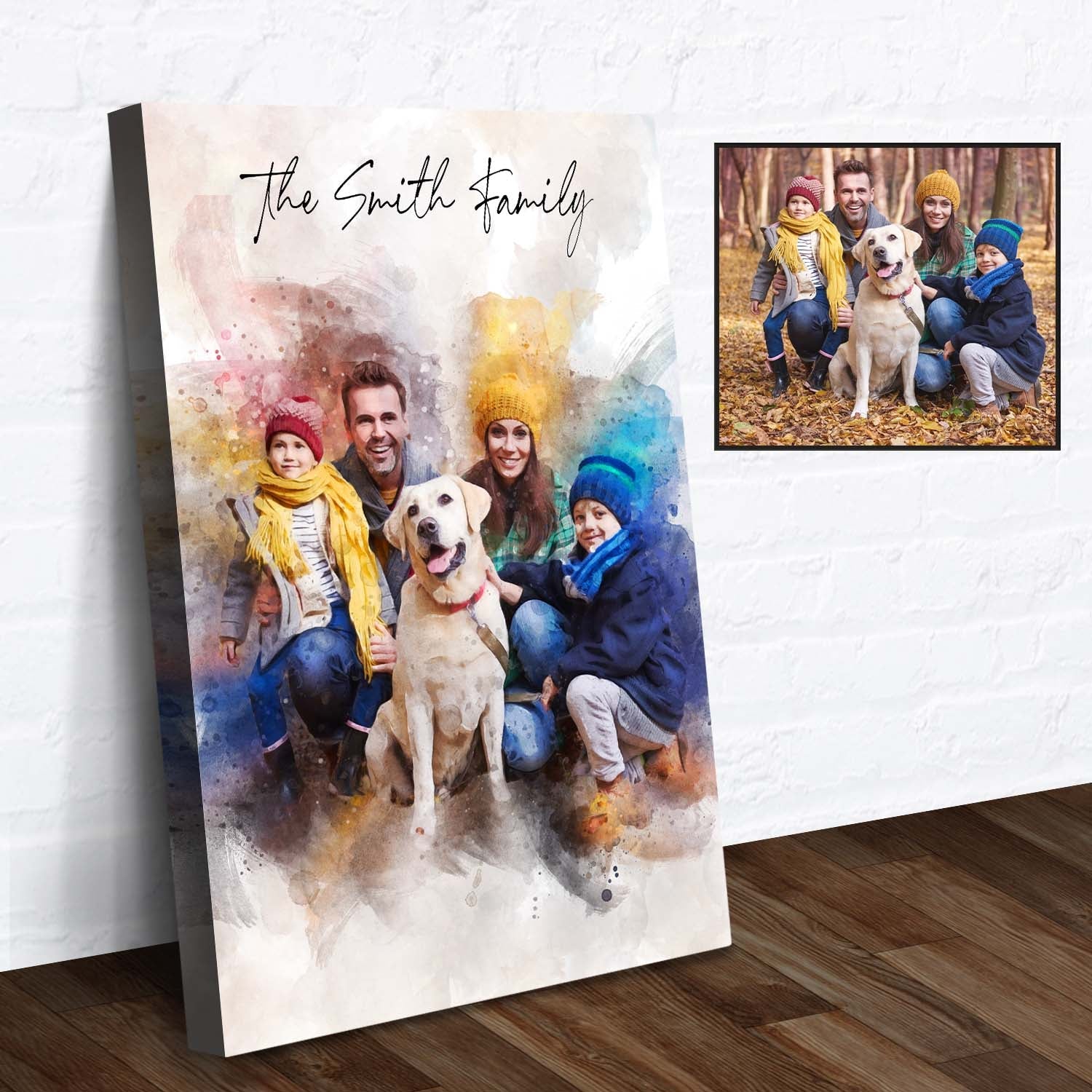 Custom Family Watercolor Portrait II canvas with colorful family and dog by Tailored Canvases on Tampa Home & Garden Store