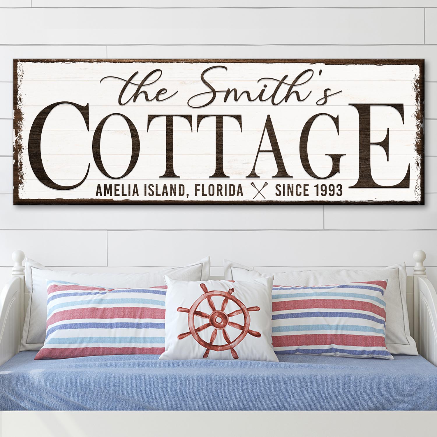 Canvas wall art Cottage Beach House Sign II with distressed white wood and bold COTTAGE on Tampa Home & Garden Store