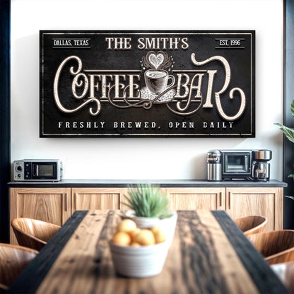 Personalized coffee bar sign canvas by Tailored Canvases with vintage typography on Tampa Home & Garden Store