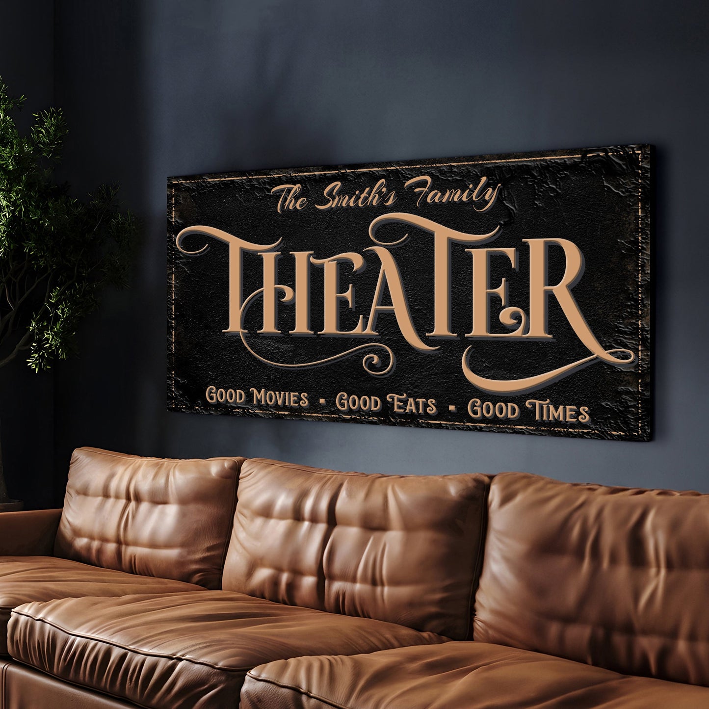 Personalized Theater Sign VI canvas by Tailored Canvases; black copper lettering on Tampa Home & Garden Store