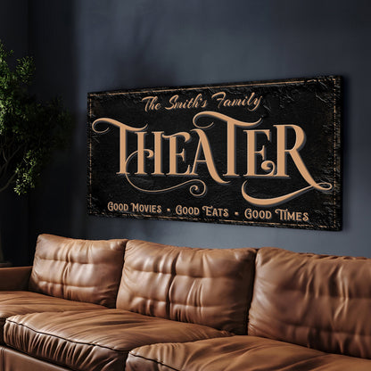 Personalized Theater Sign VI canvas by Tailored Canvases; black copper lettering on Tampa Home & Garden Store