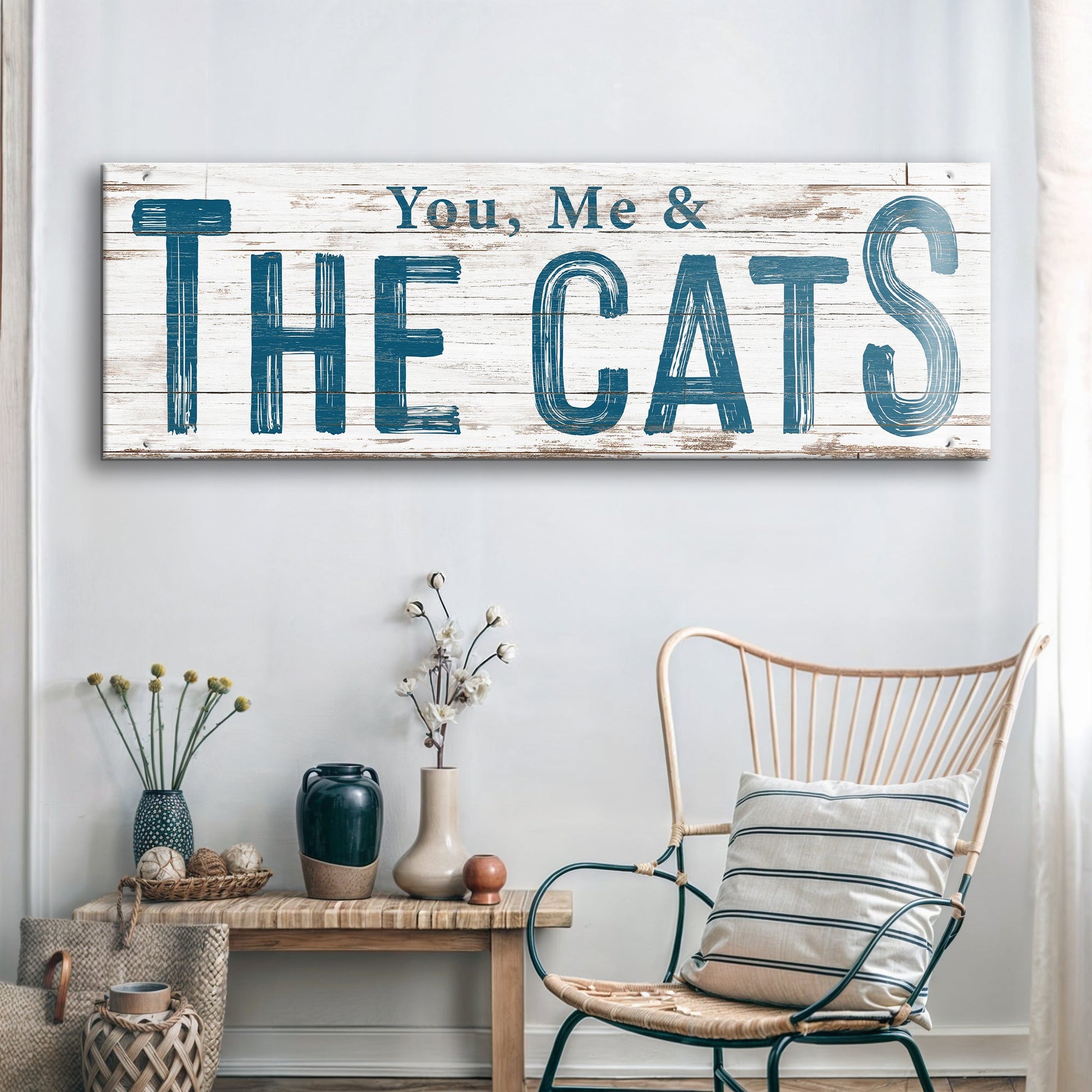 Canvas You, Me & The Cats Sign II by Tailored Canvases with white wood backdrop on Tampa Home & Garden Store