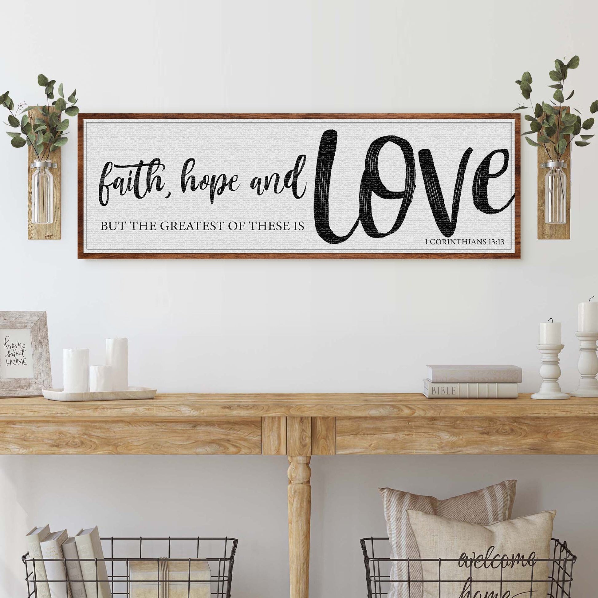 Faith Hope And Love canvas sign II by Tailored Canvases framed canvas with black script on Tampa Home & Garden Store