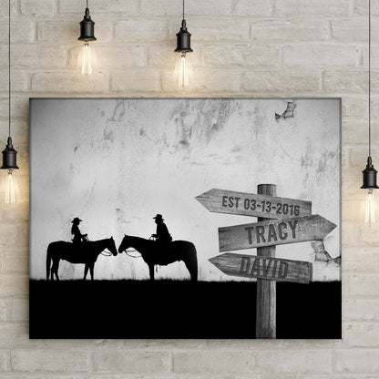 Horse Couple Sign Canvas art by Tailored Canvases, grayscale scene of two riders on Tampa Home & Garden Store