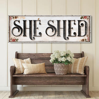 She Shed Sign XV canvas with rustic white finish and floral corners by Tailored Canvases on Tampa Home & Garden Store