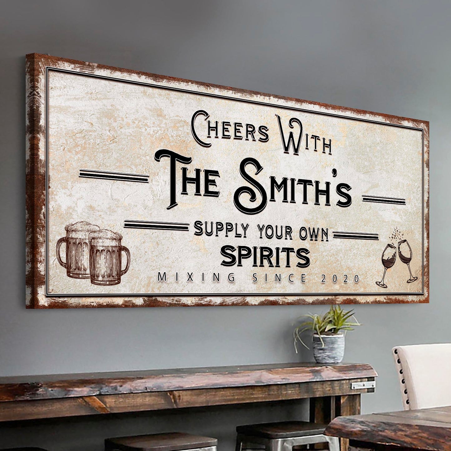 Canvas sign Supply Your Own Spirits Bar Sign rustic beige texture beer mug and wine glasses on Tampa Home & Garden Store