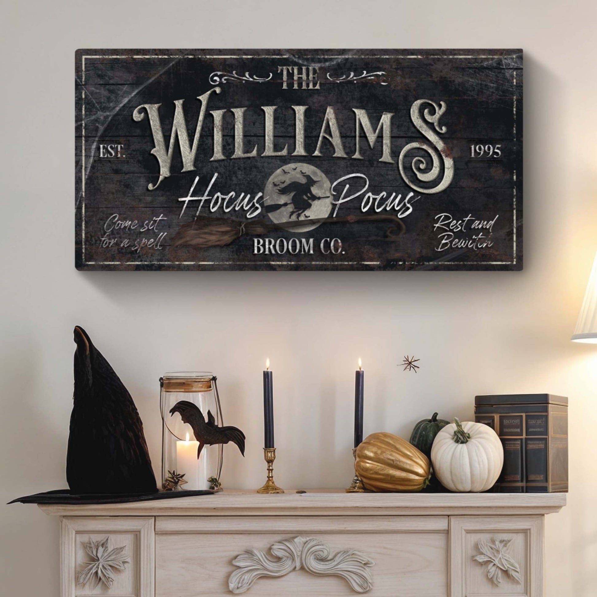Personalized Hocus Pocus Halloween Sign II canvas with dark wood look Tailored Canvases on Tampa Home & Garden Store