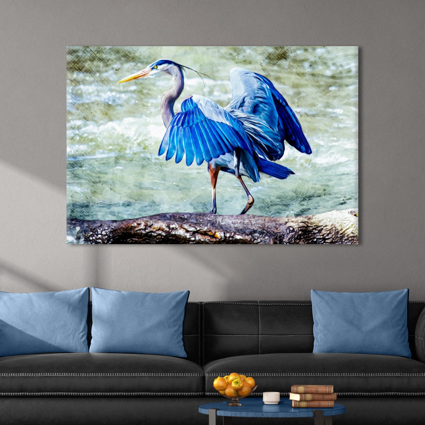 Beach Blue Heron Canvas Wall Art II, blue heron on rocky shoreline, Tailored Canvases canvas art on Tampa Home & Garden Store