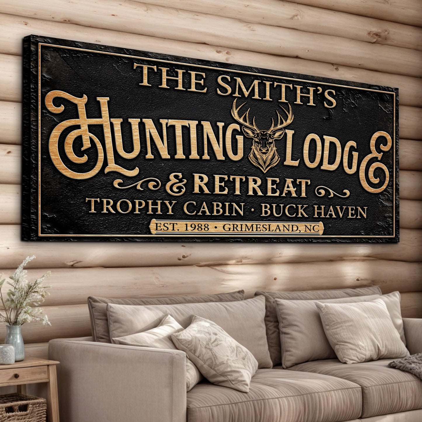 Family Hunting Lodge Retreat Sign canvas wall art gold lettering with deer logo on Tampa Home & Garden Store