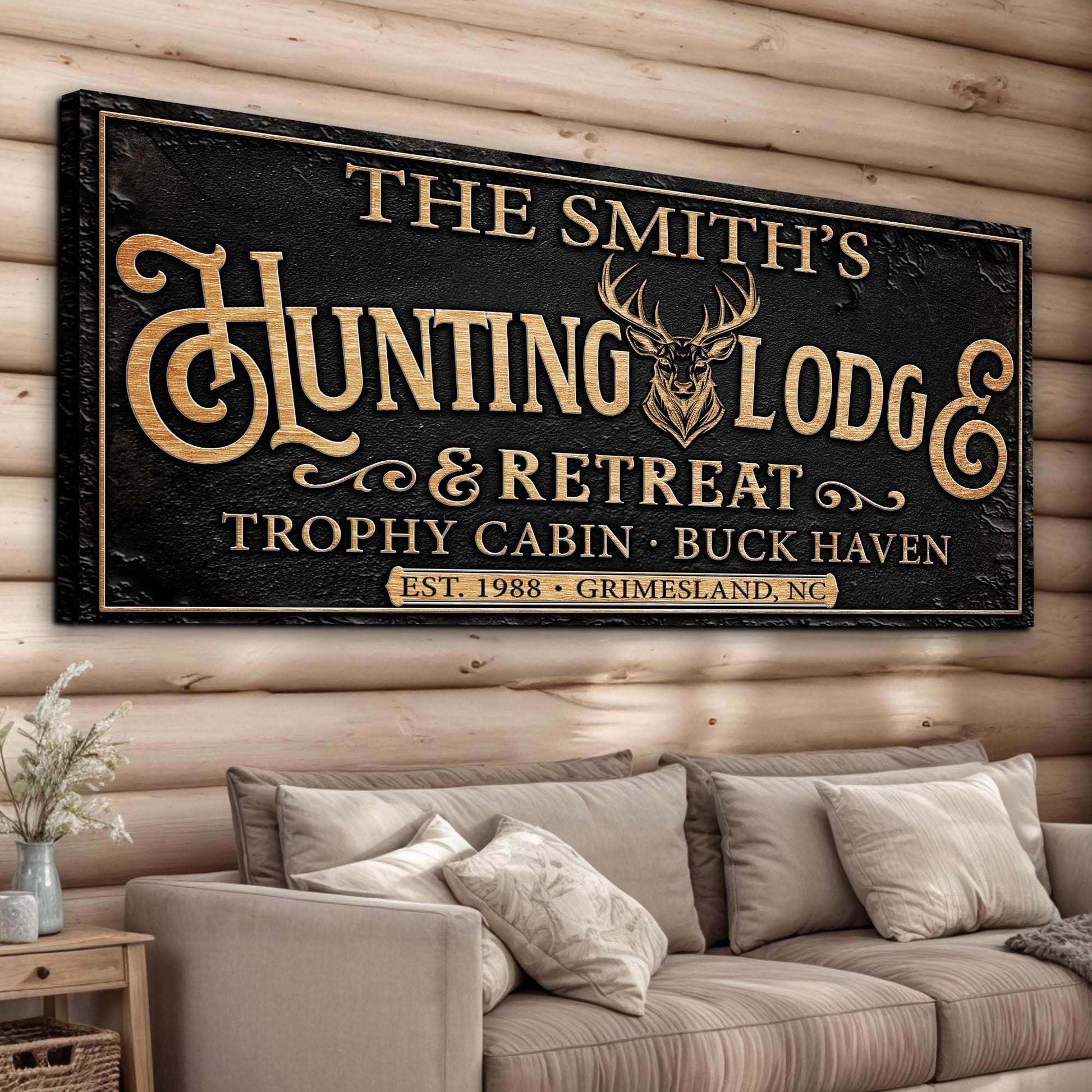 Family Hunting Lodge Retreat Sign canvas wall art gold lettering with deer logo on Tampa Home & Garden Store