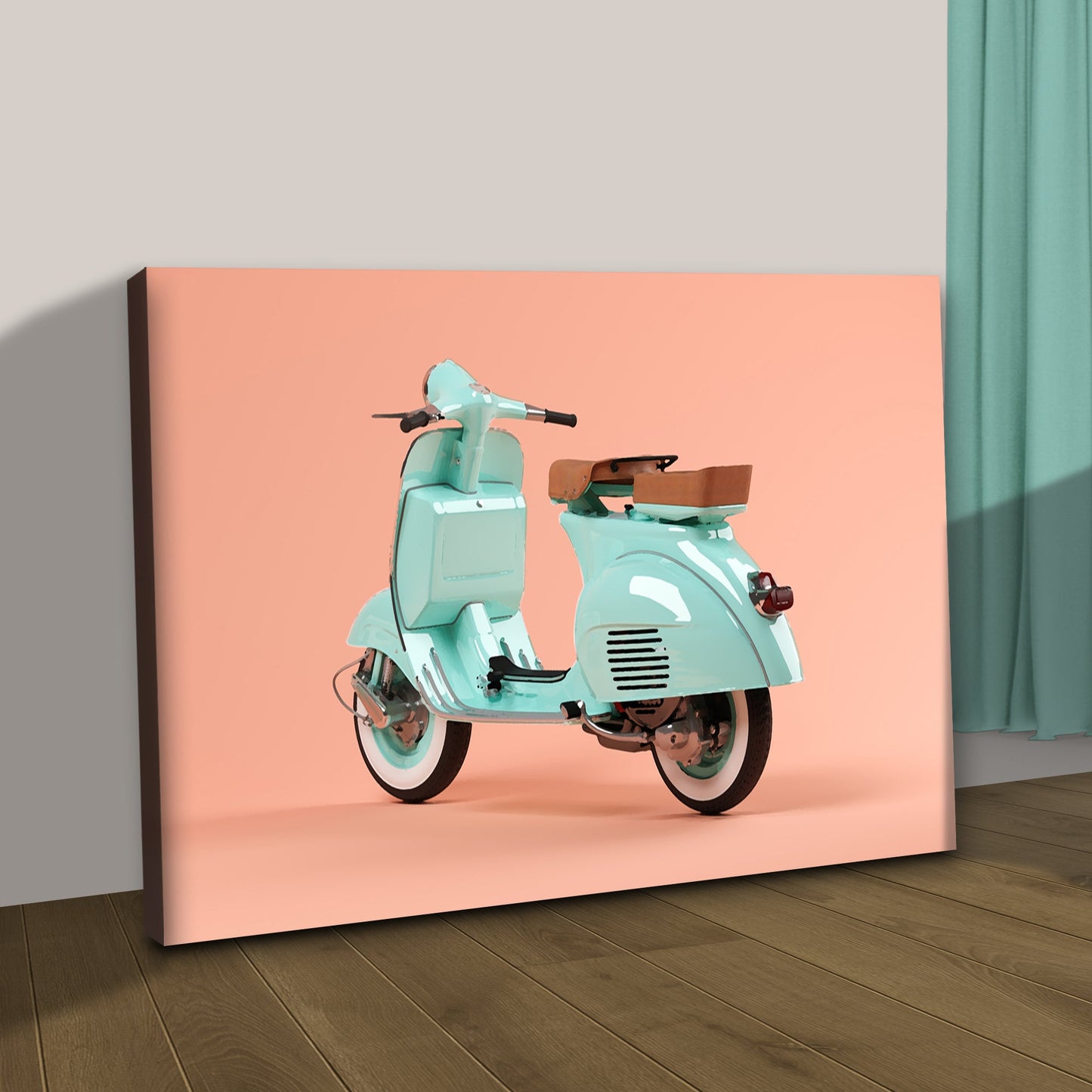 Two mint-green Vespa scooters on peach canvas wall art Tailored Canvases on Tampa Home & Garden Store
