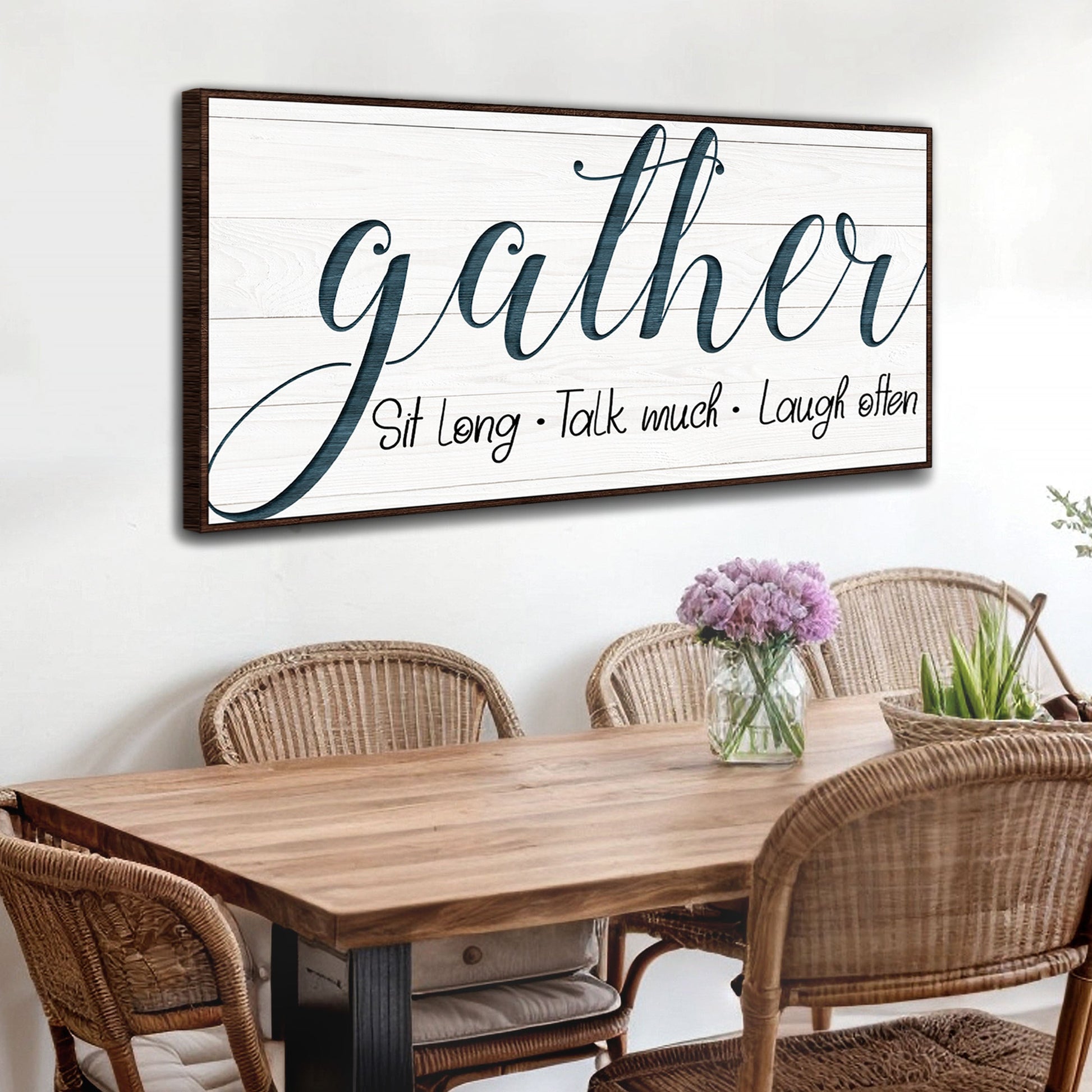 Gather Sign V canvas art with teal gather on whitewashed wood planks in dark frame on Tampa Home & Garden Store