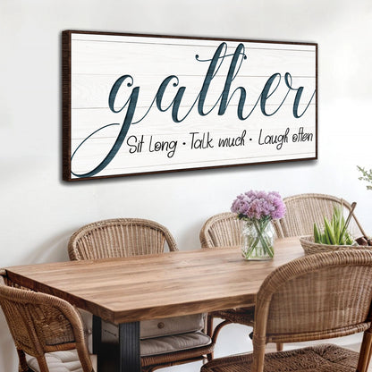Gather Sign V canvas art with teal gather on whitewashed wood planks in dark frame on Tampa Home & Garden Store