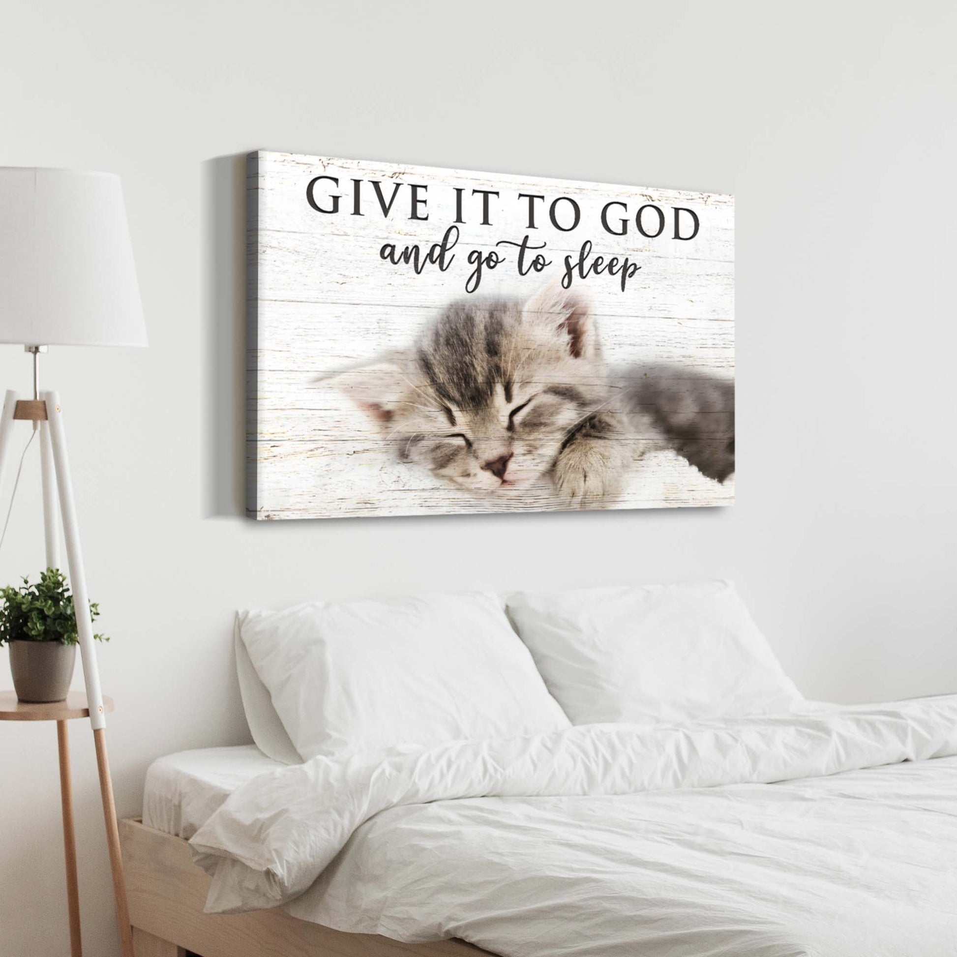 Tailored Canvases faith sign VIII canvas with white backdrop above bed on Tampa Home & Garden Store