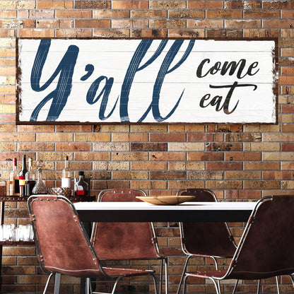 Y'all Come Eat canvas sign with blue script on white backdrop Tailored Canvases on Tampa Home & Garden Store