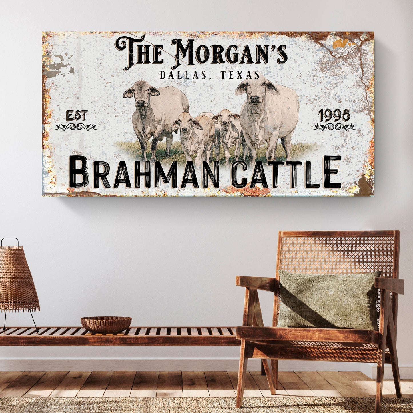Personalized Brahman Cattle Sign II canvas by Tailored Canvases with background and cattle on Tampa Home & Garden Store