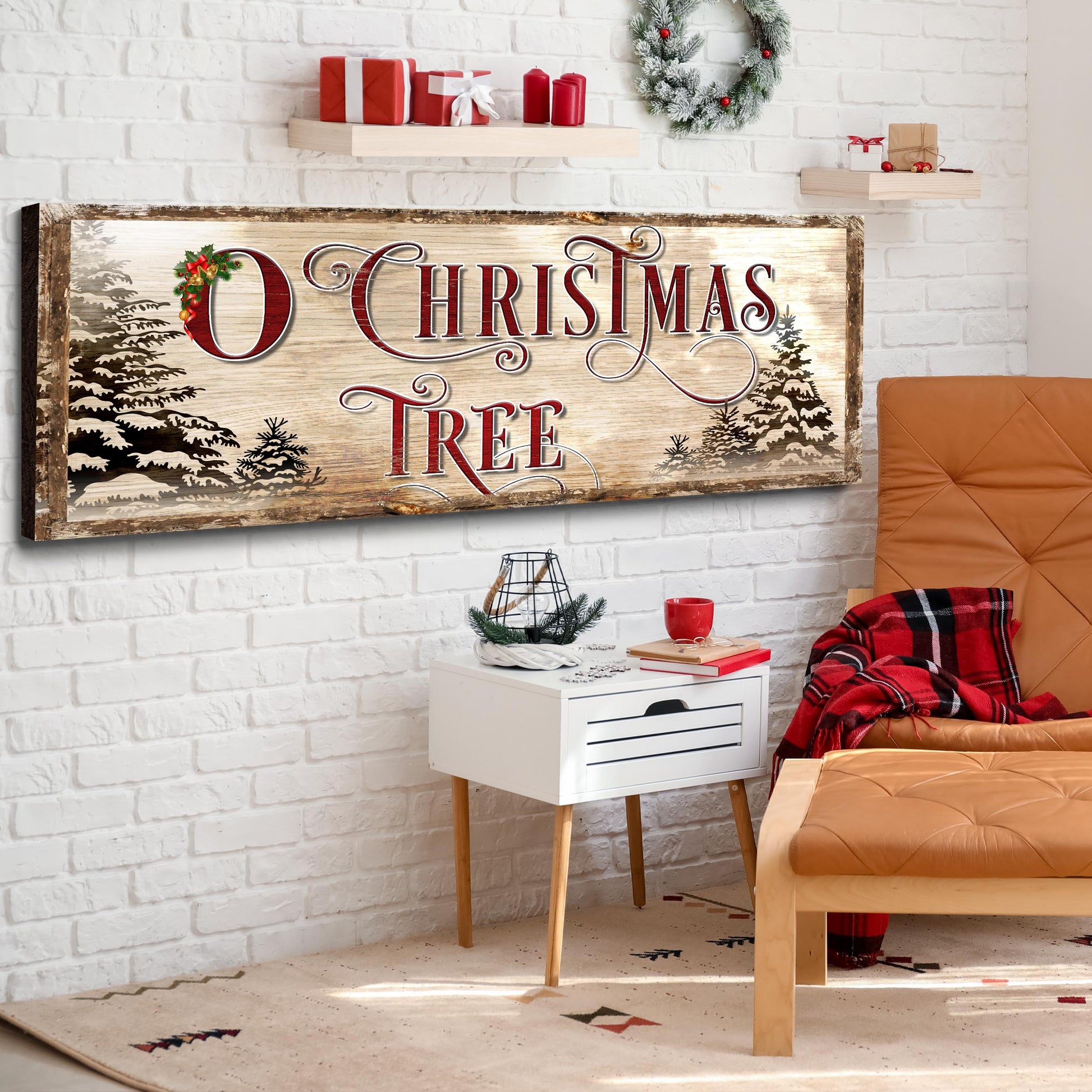 O Christmas Tree sign canvas by Tailored Canvases, rustic wood-framed craft canvas with red typography on Tampa Home & Garden Store
