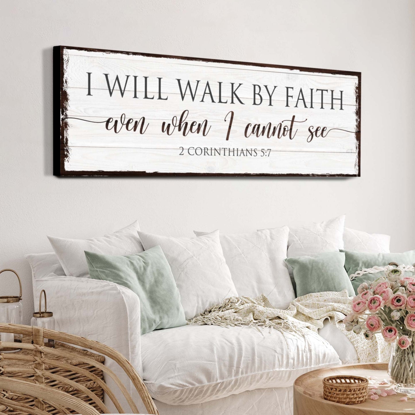 Canvas sign I Will Walk By Faith II 2 Corinthians 5:7 on whitewashed wood Tailored Canvases on Tampa Home & Garden Store