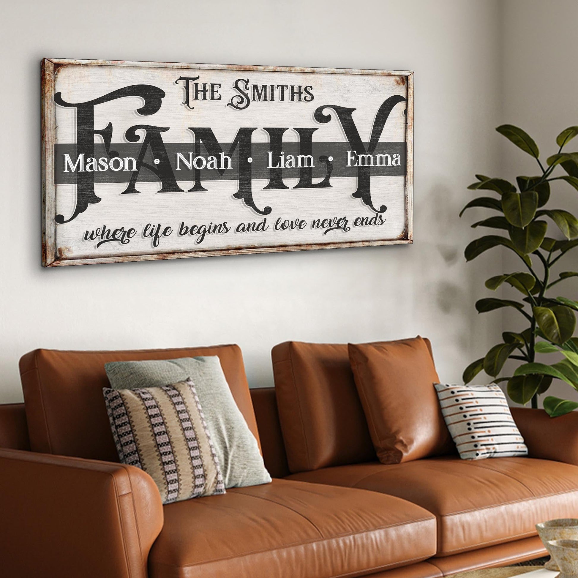 Family Sign XXIII canvas wall art with rustic frame showing The Smiths and family names on band on Tampa Home & Garden Store