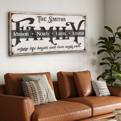 Family Sign XXIII canvas wall art with rustic frame showing The Smiths and family names on band on Tampa Home & Garden Store