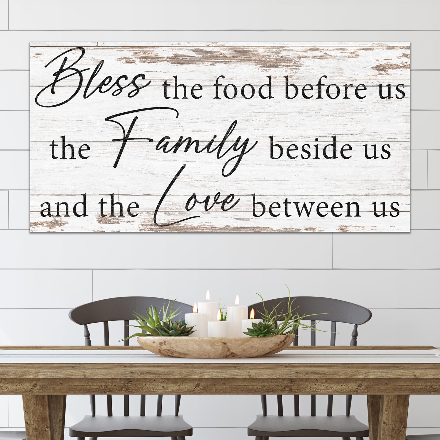 Canvas sign Bless The Food, Family, And Love on rustic whitewash wood by Tailored Canvases on Tampa Home & Garden Store