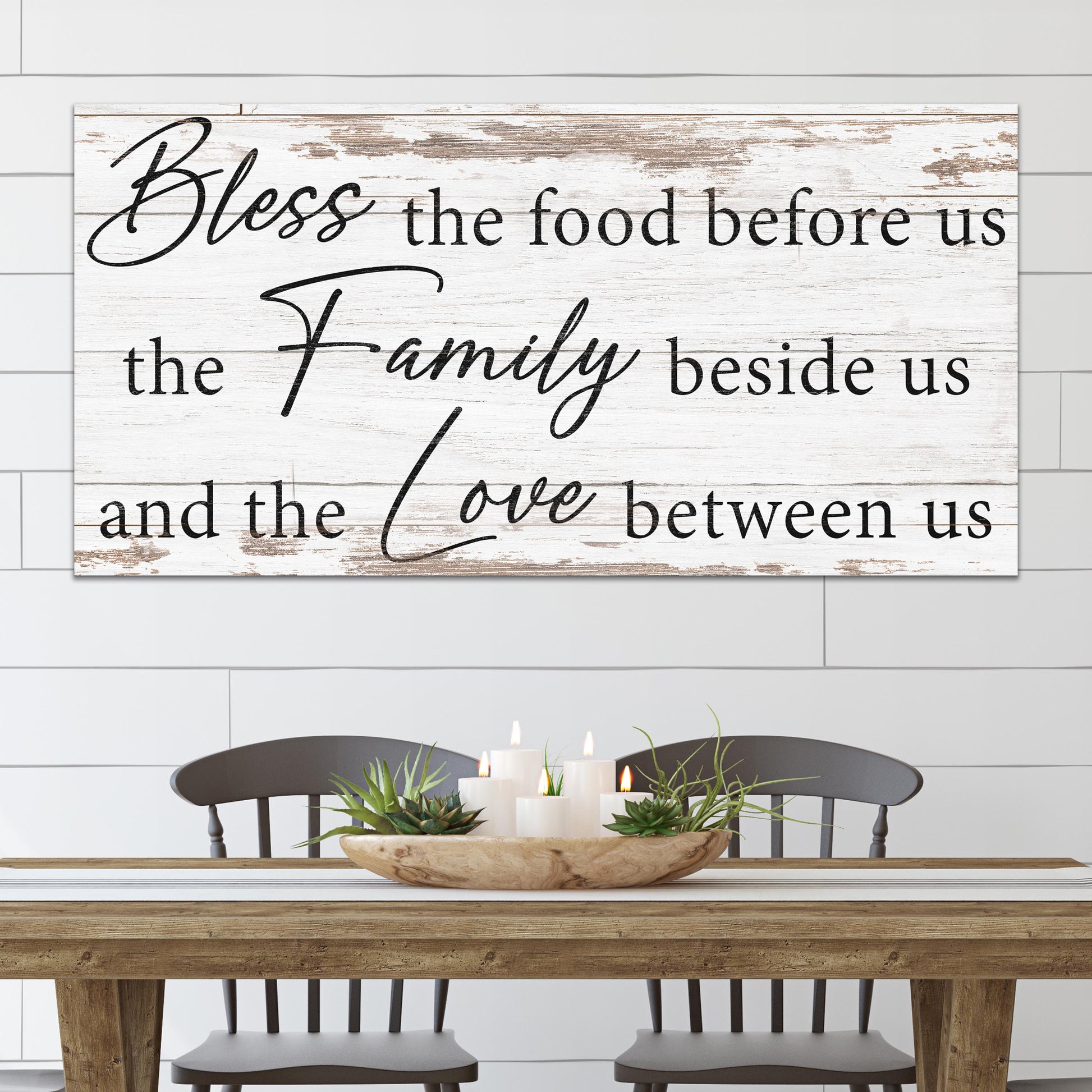 Canvas sign Bless The Food, Family, And Love on rustic whitewash wood by Tailored Canvases on Tampa Home & Garden Store