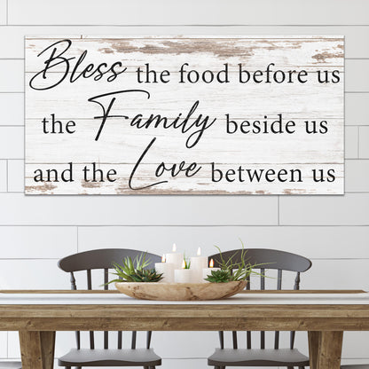 Canvas sign Bless The Food, Family, And Love on rustic whitewash wood by Tailored Canvases on Tampa Home & Garden Store