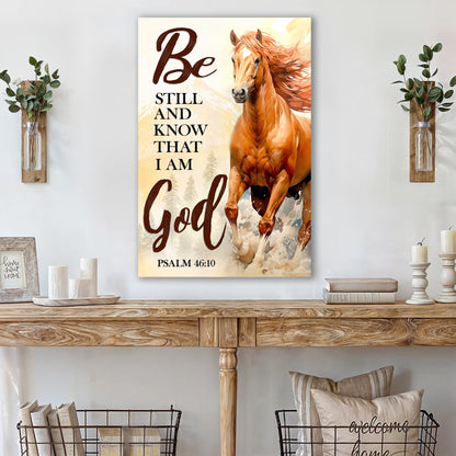 Canvas Be Still And Know That I Am God faith sign Tailored Canvases with warm beige horse on Tampa Home & Garden Store