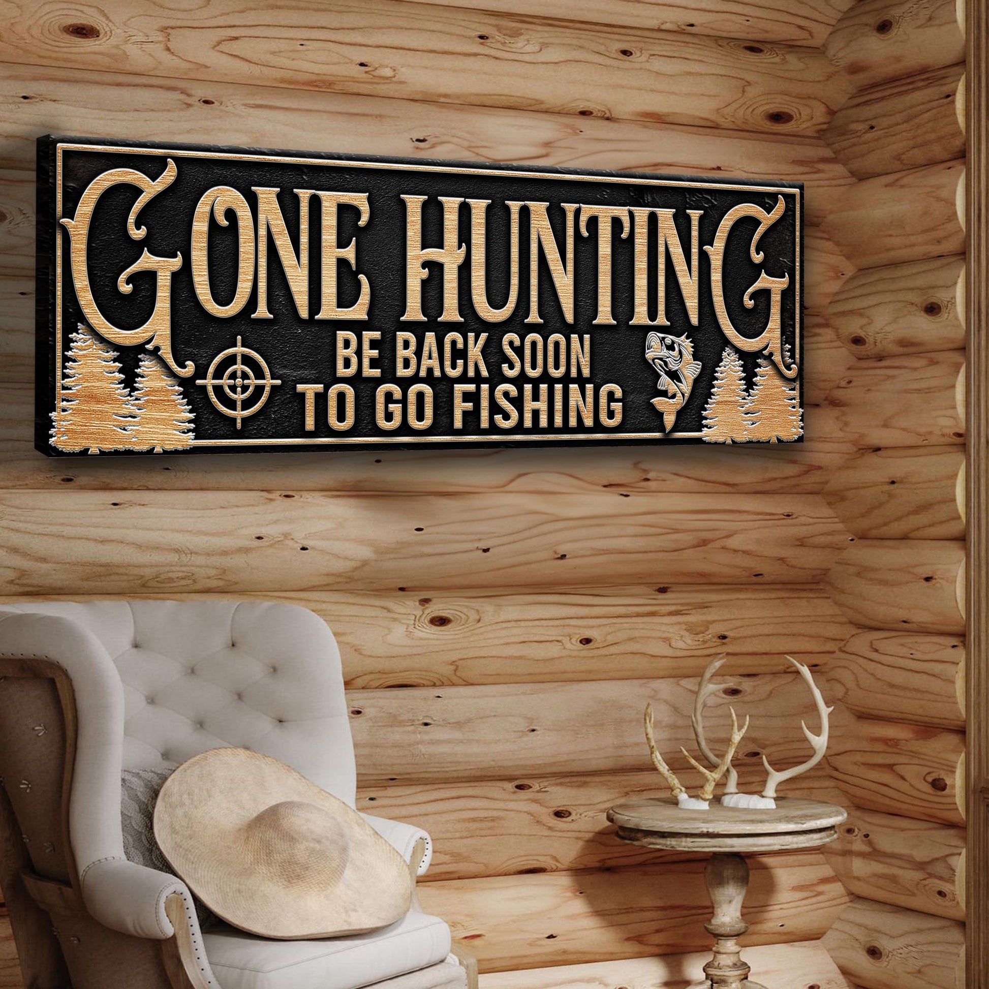 Gone Hunting Sign canvas with gold lettering on black background and pine tree accents on Tampa Home & Garden Store