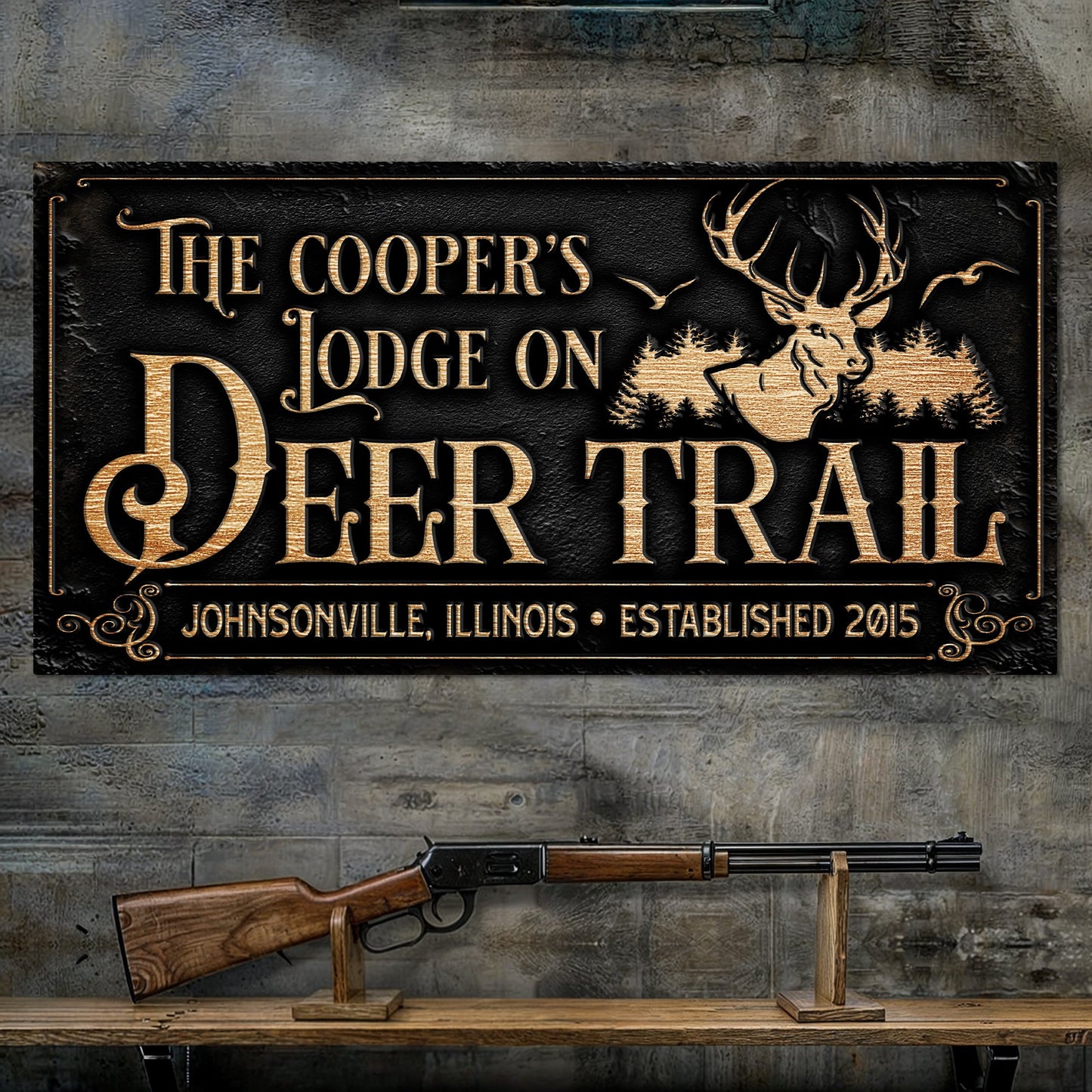 Hunting Lodge Sign canvas by Tailored Canvases with gold lettering on black backdrop on Tampa Home & Garden Store