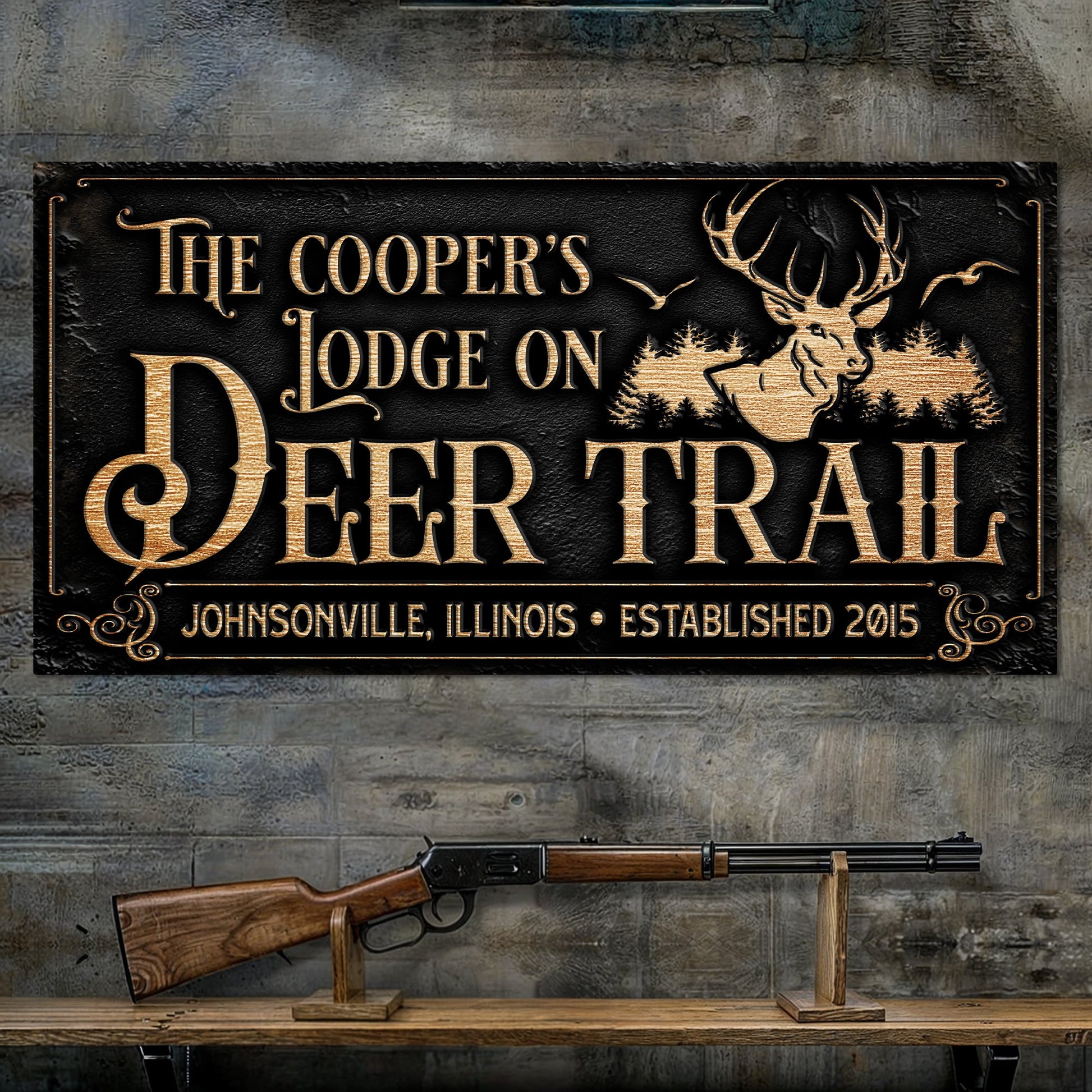 Hunting Lodge Sign canvas by Tailored Canvases with gold lettering on black backdrop on Tampa Home & Garden Store