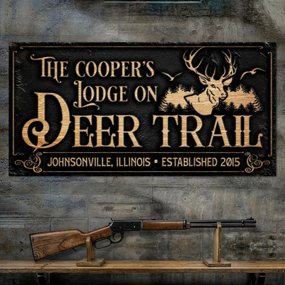 Hunting Lodge Sign canvas by Tailored Canvases with gold lettering on black backdrop on Tampa Home & Garden Store