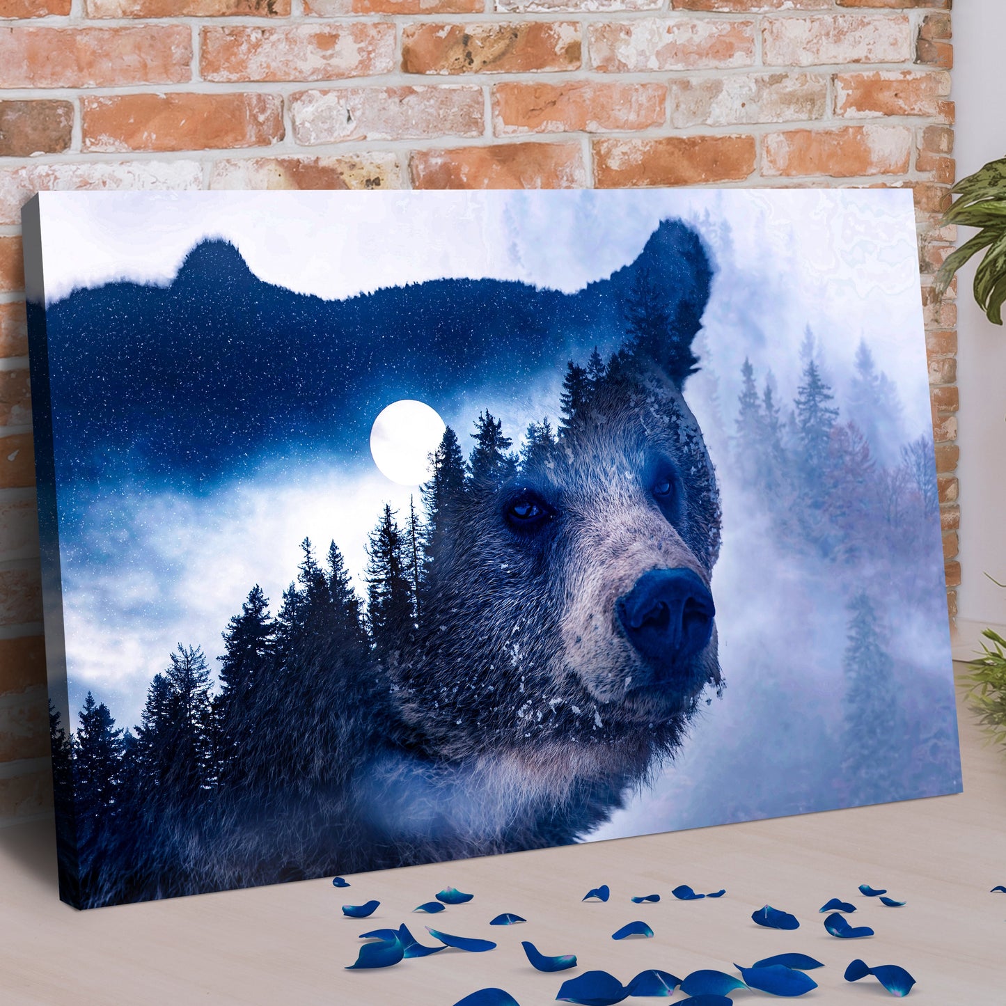 Canvas wall art Animals Forest Bear Illustration II in blue night scene on Tampa Home & Garden Store