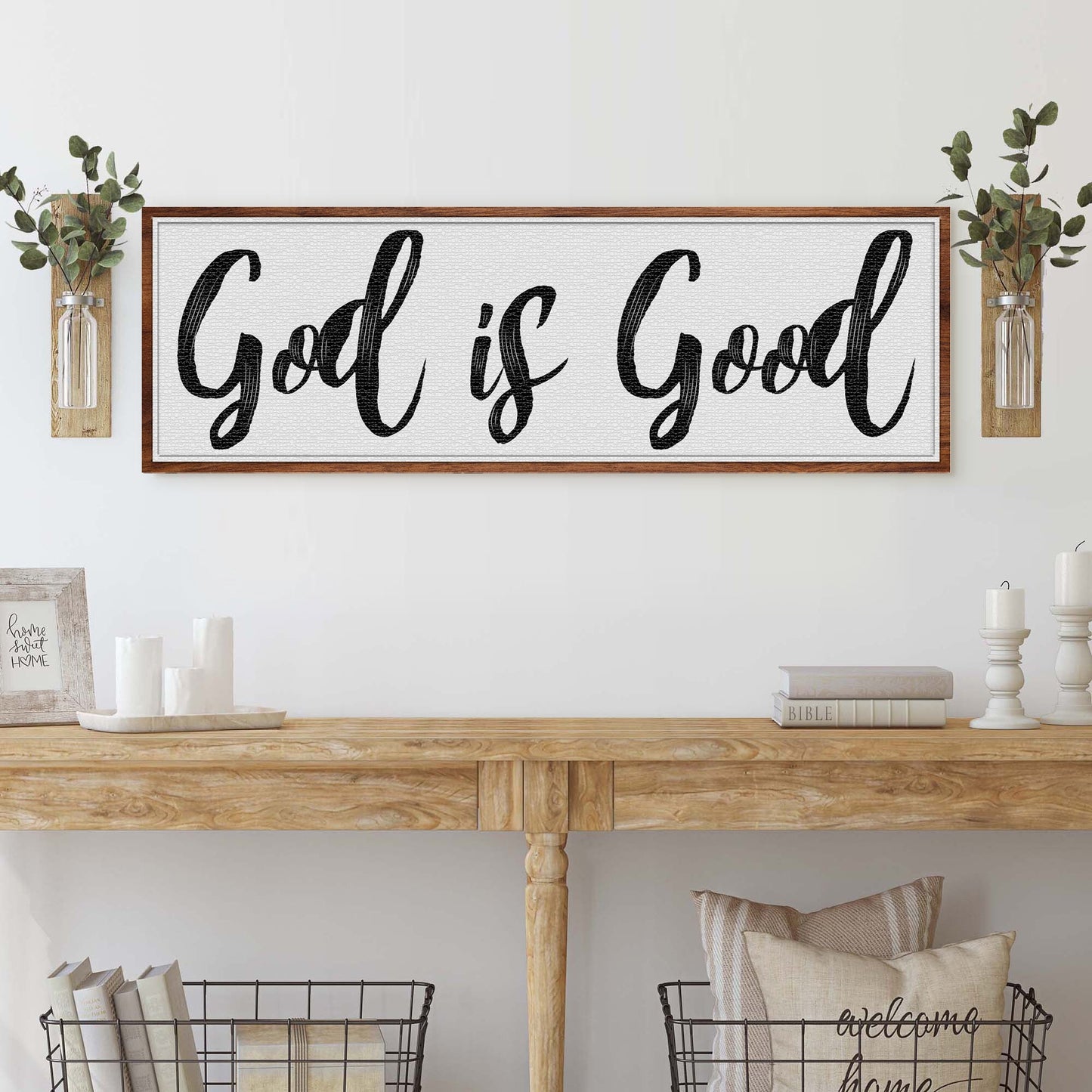 God Is Good Faith Sign III canvas by Tailored Canvases, framed wooden sign with black script on Tampa Home & Garden Store