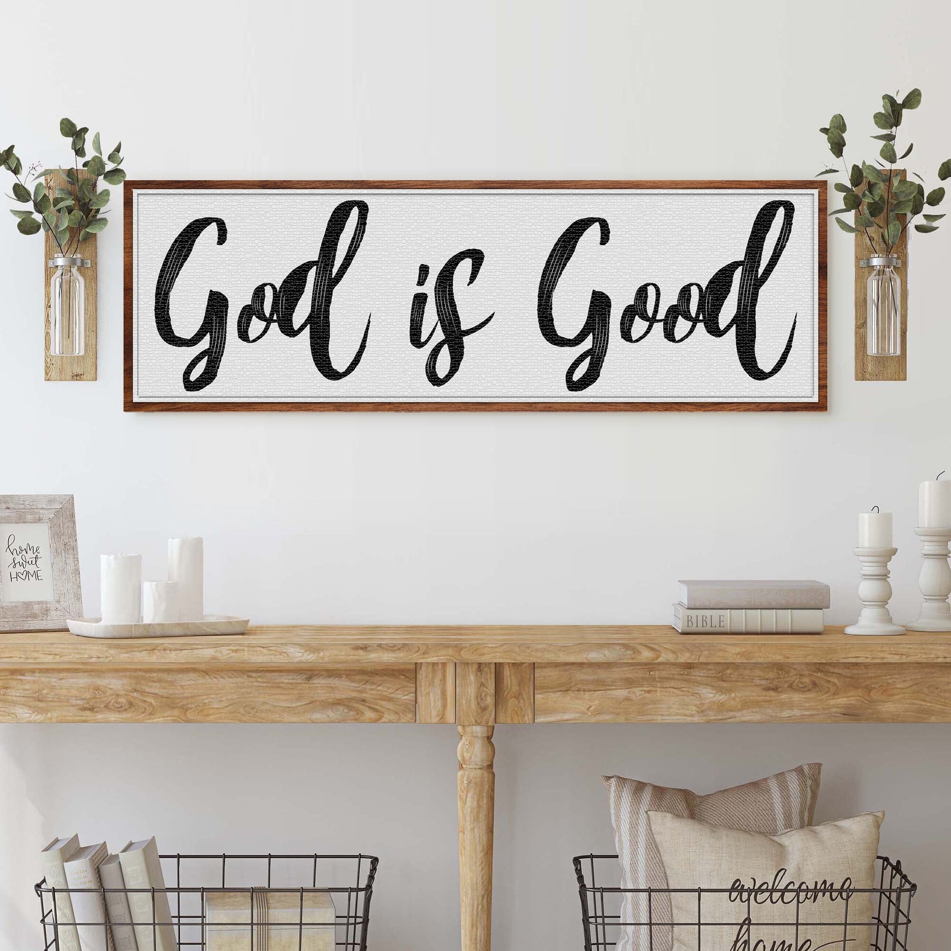 God Is Good Faith Sign III canvas by Tailored Canvases, framed wooden sign with black script on Tampa Home & Garden Store