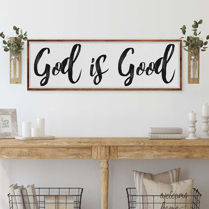 God Is Good Faith Sign III canvas by Tailored Canvases, framed wooden sign with black script on Tampa Home & Garden Store