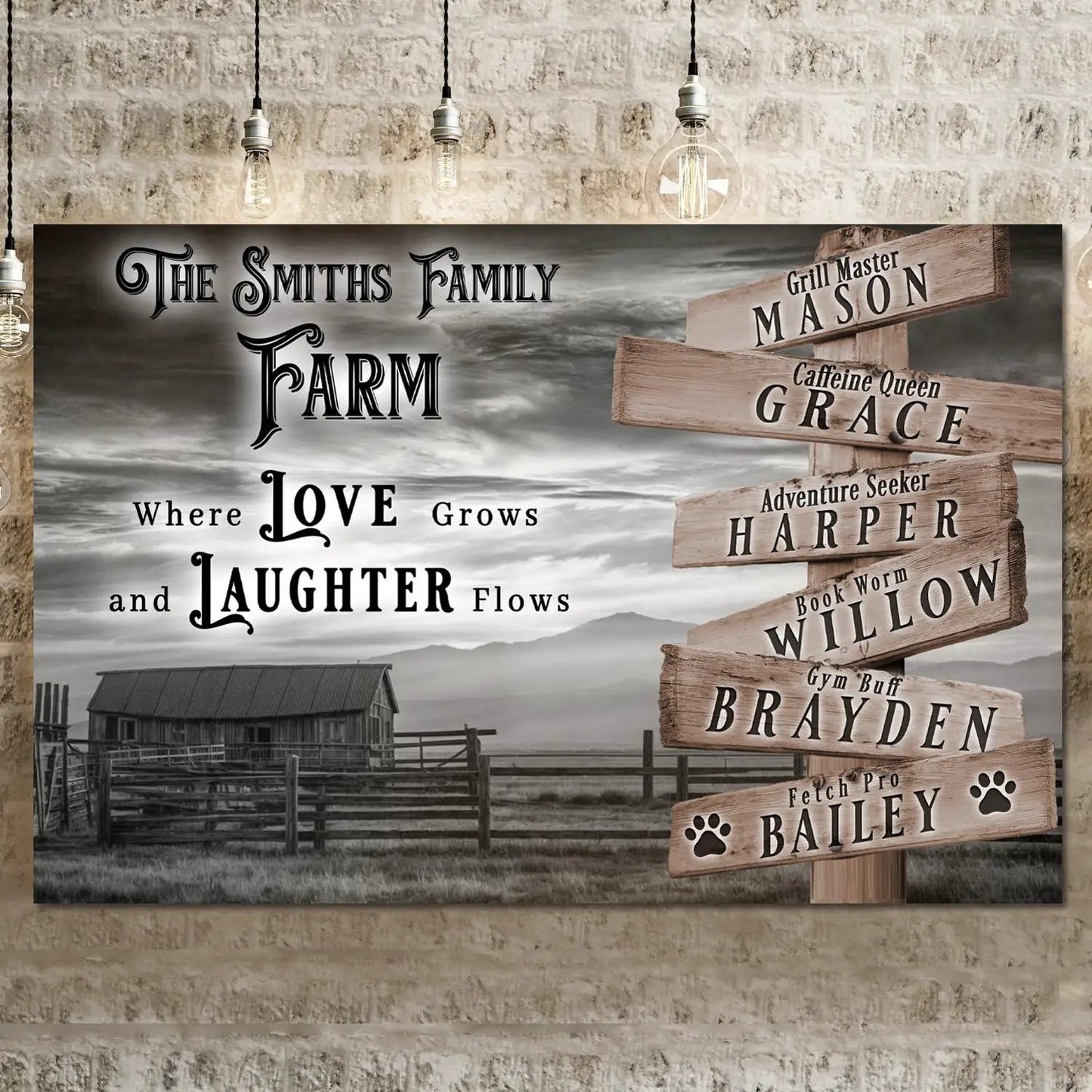 Canvas wall art Family Farm Names Sign grayscale rustic scene Tailored Canvases on Tampa Home & Garden Store