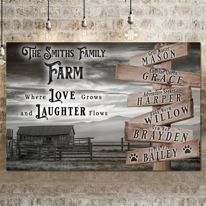Canvas wall art Family Farm Names Sign grayscale rustic scene Tailored Canvases on Tampa Home & Garden Store