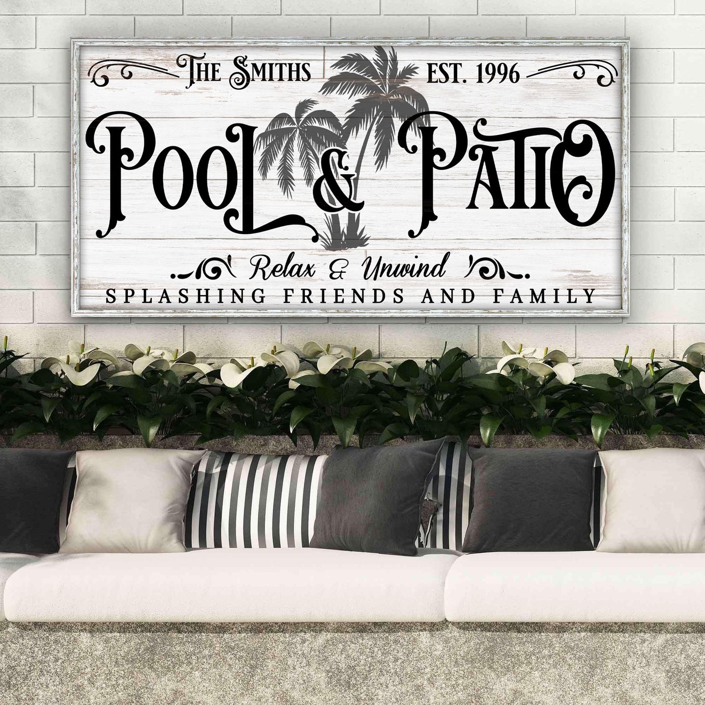 Canvas sign Personalized Pool & Patio Sign VI with palm trees on whitewash by Tailored Canvases on Tampa Home & Garden Store