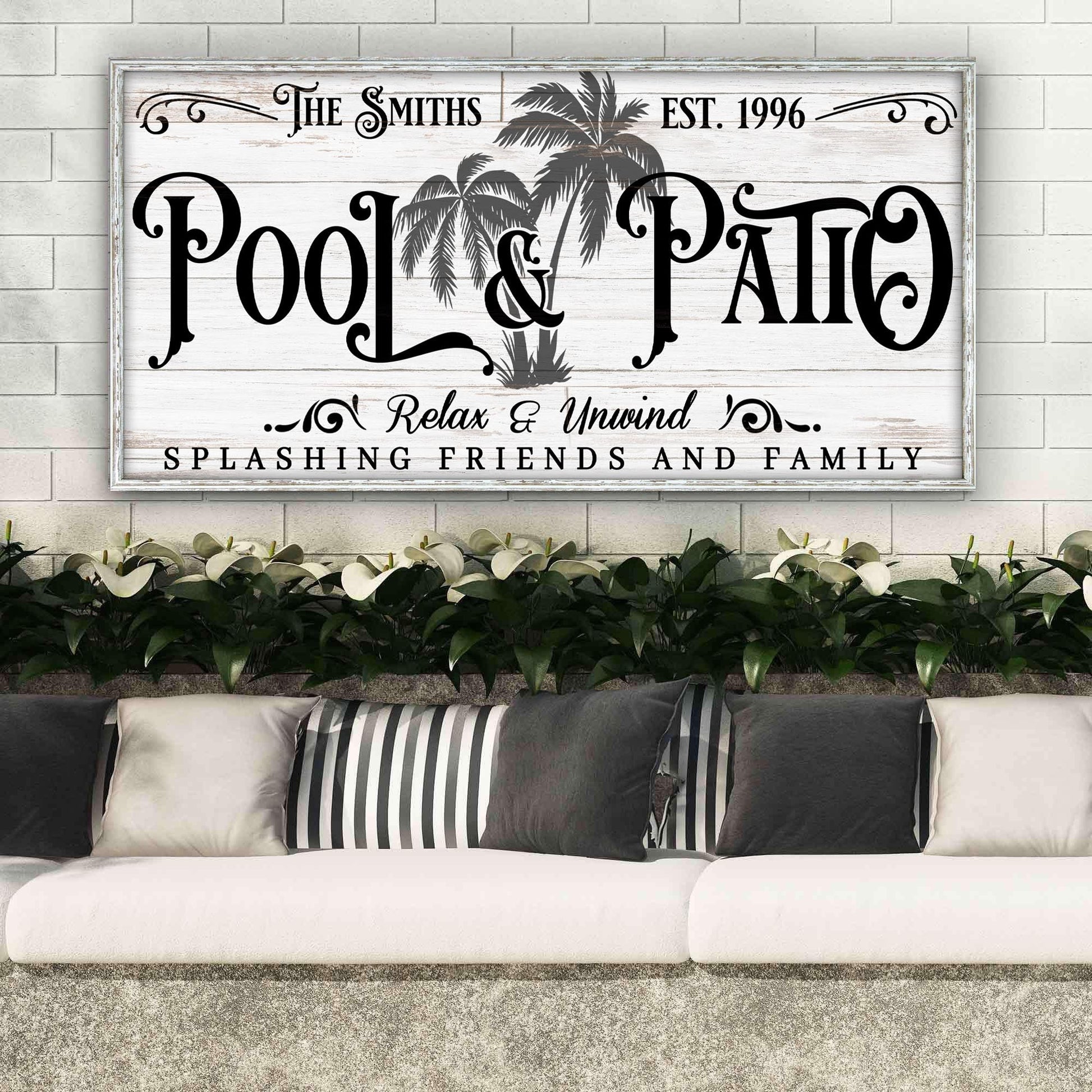 Canvas sign Personalized Pool & Patio Sign VI with palm trees on whitewash by Tailored Canvases on Tampa Home & Garden Store