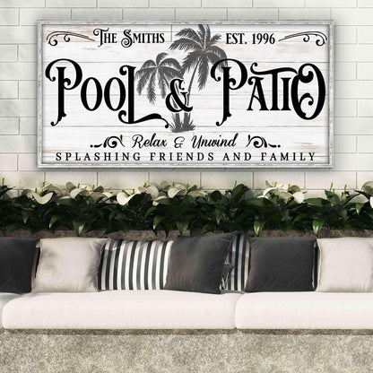 Canvas sign Personalized Pool & Patio Sign VI with palm trees on whitewash by Tailored Canvases on Tampa Home & Garden Store