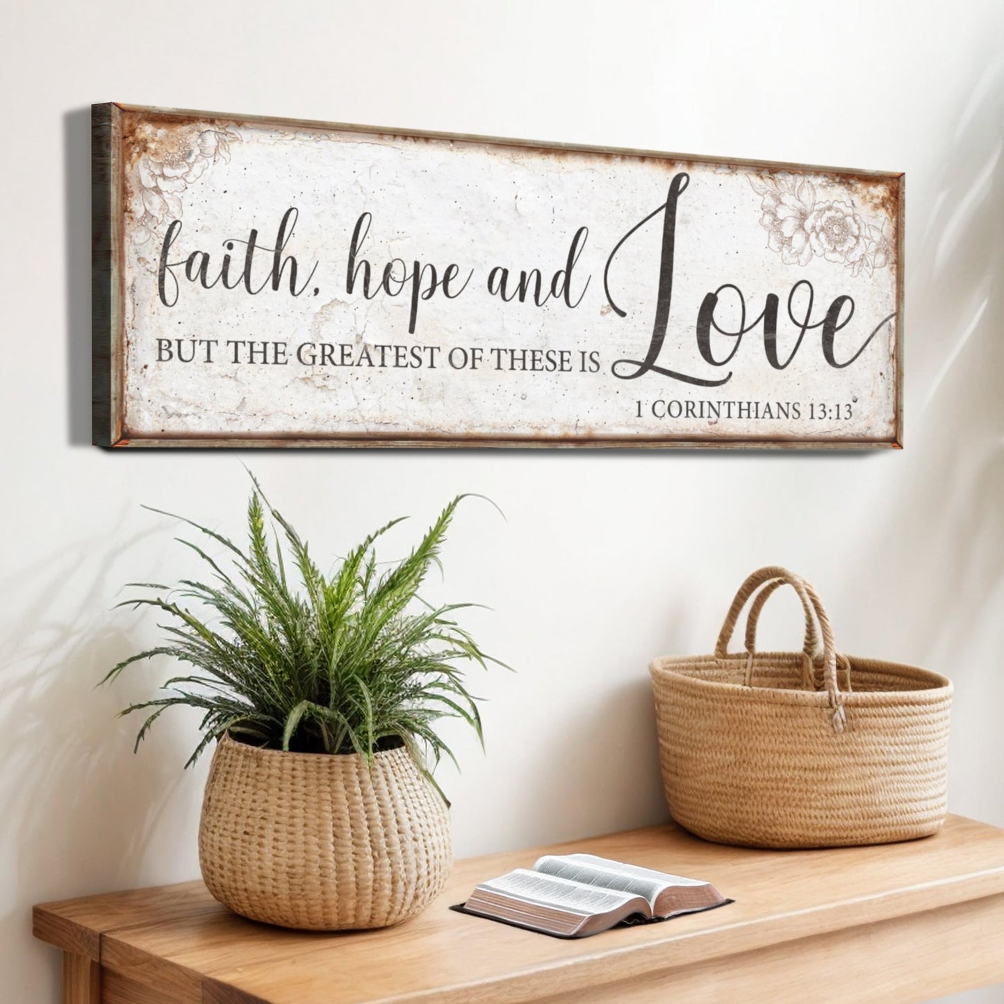 Faith Hope And Love canvas sign with rustic frame and floral corners Tailored Canvases on Tampa Home & Garden Store