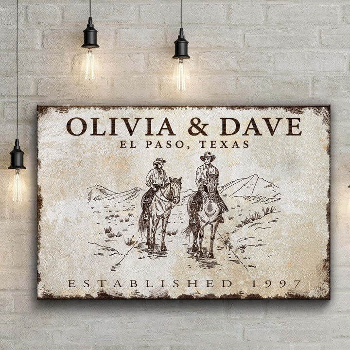 Cowboy Couple Canvas sign Olivia & Dave, El Paso, vintage western scene, distressed finish on Tampa Home & Garden Store