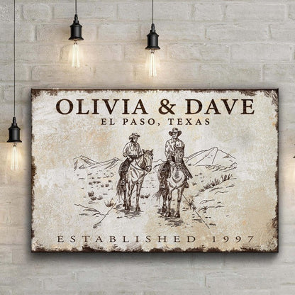 Cowboy Couple Canvas sign Olivia & Dave, El Paso, vintage western scene, distressed finish on Tampa Home & Garden Store